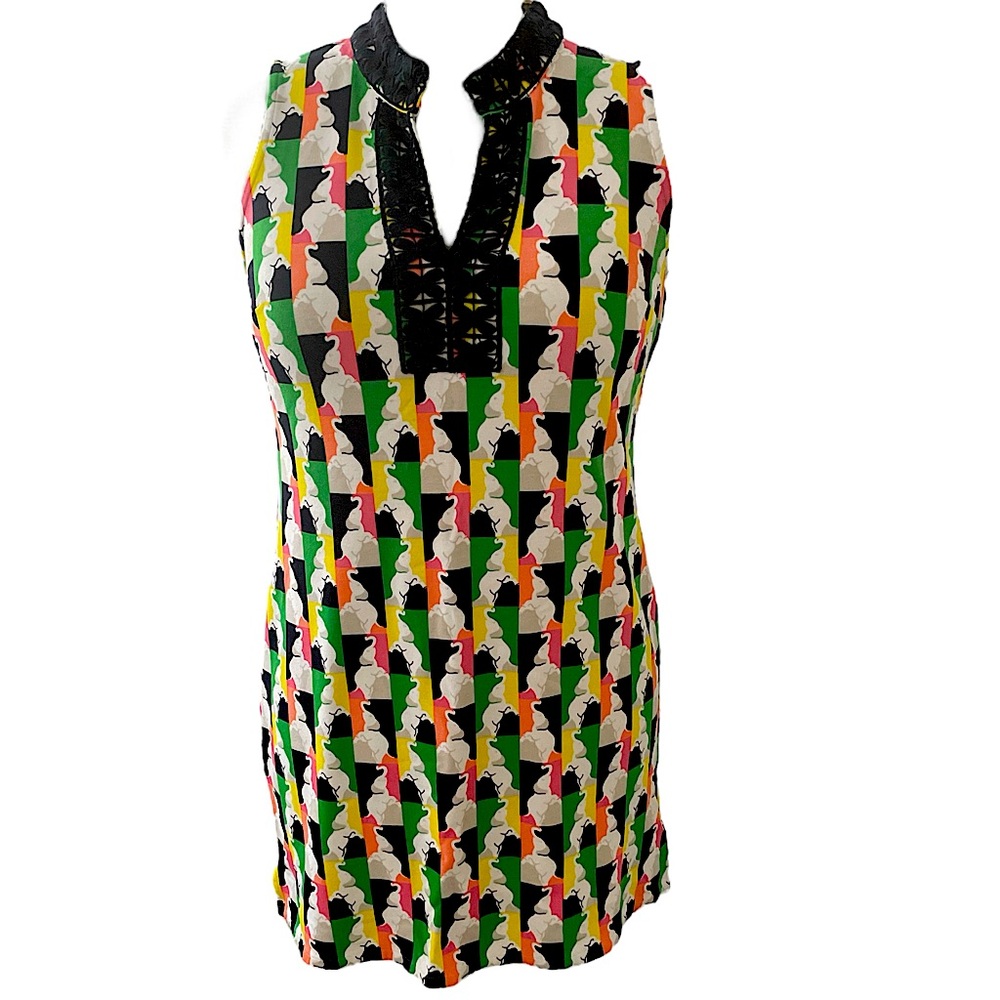 Crown & Ivy sleeves mini dress with elephants novelty print green black white S